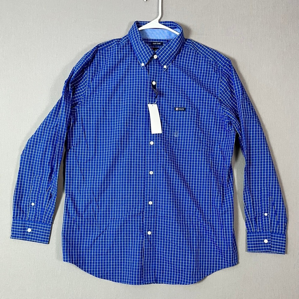 Chaps Button Down Easy Care Shirt Size L Cotton Blend Blue Grid Check NWT
